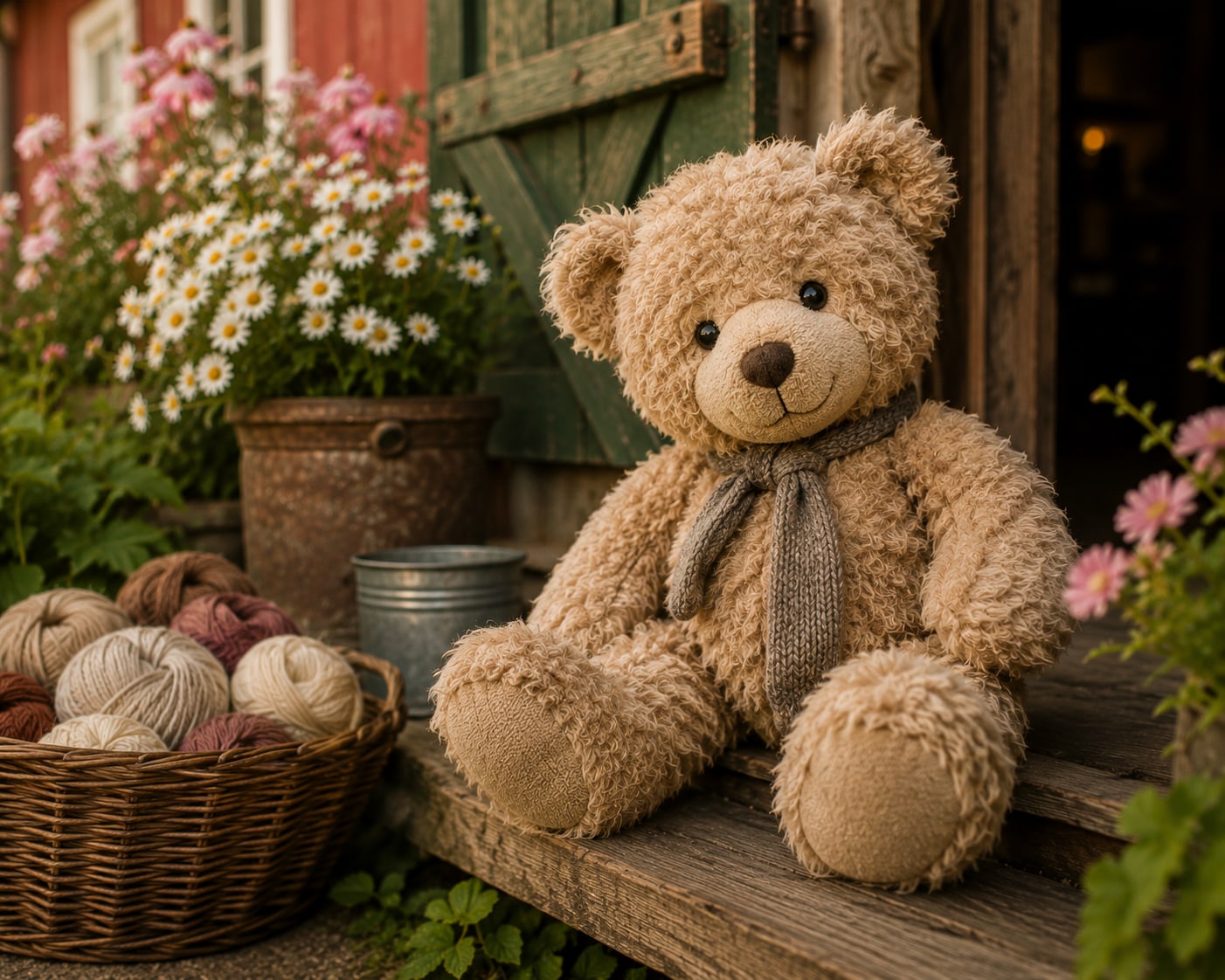 Bamsedyr ved garn og blomster på gården
