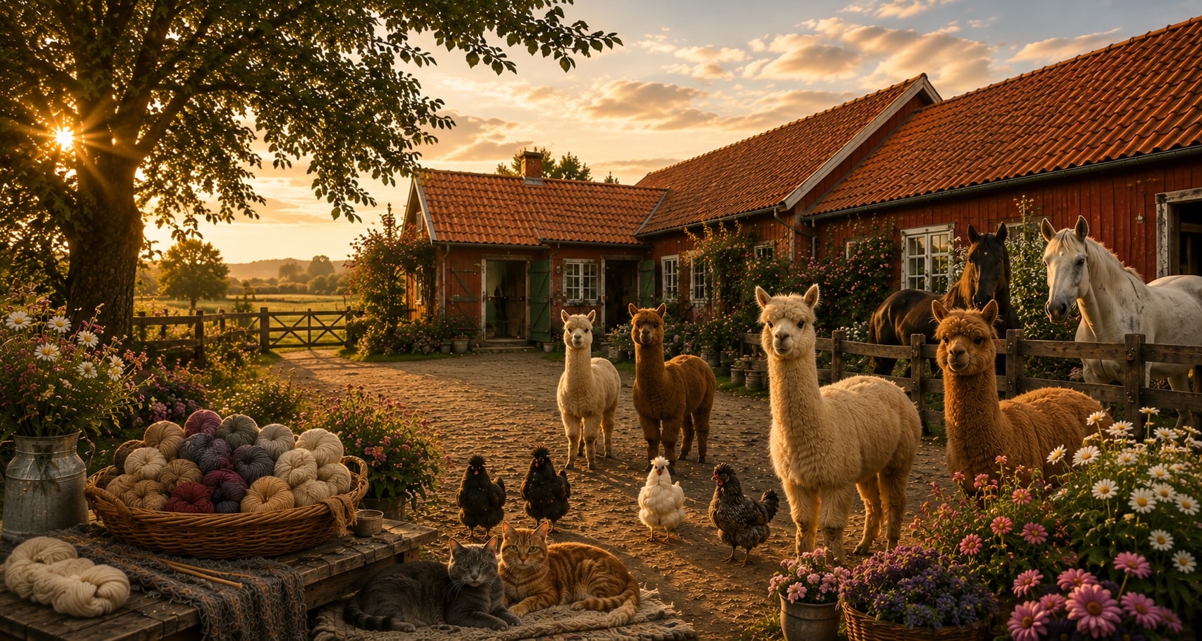 Garn Gården med rød lade, alpacaer og blomster